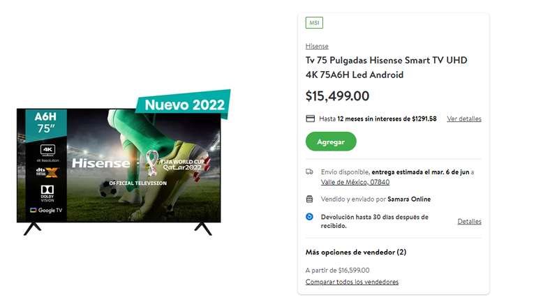 Bodega Aurrera: Tv 75 Pulgadas Hisense Smart TV UHD 4K 75A6H