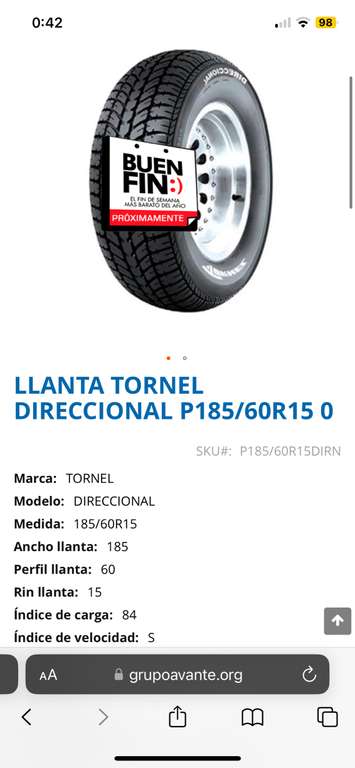 Avante: Llanta Tornel Direccional 185/60R15