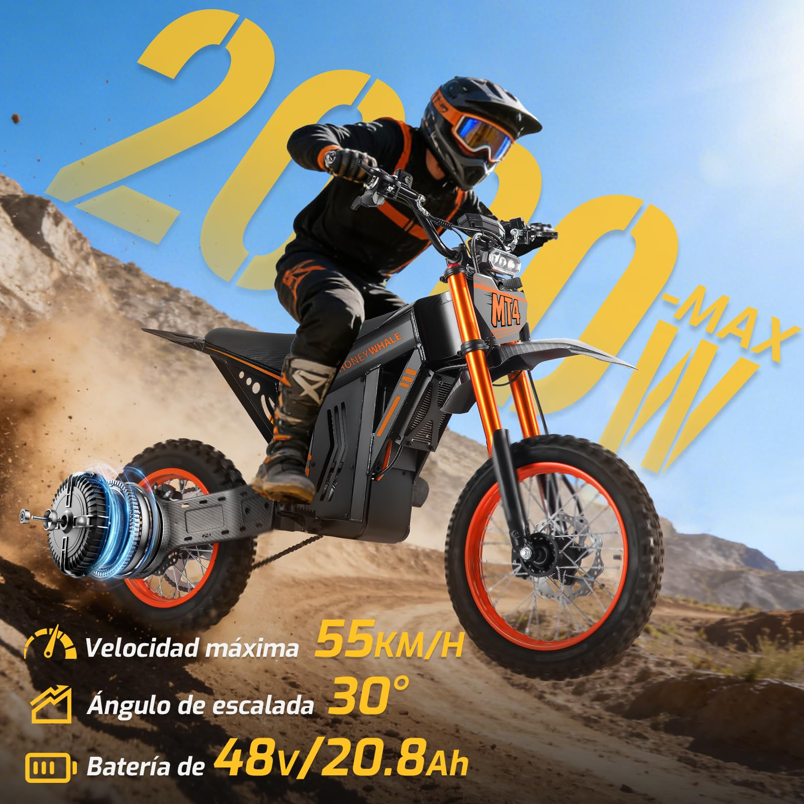 Amazon: HONEYWHALE MT4 Bicicleta Electrica 2000W-55KM/H-50KM Freno Hidráulico, Neumáticos Todoterreno 14/12",