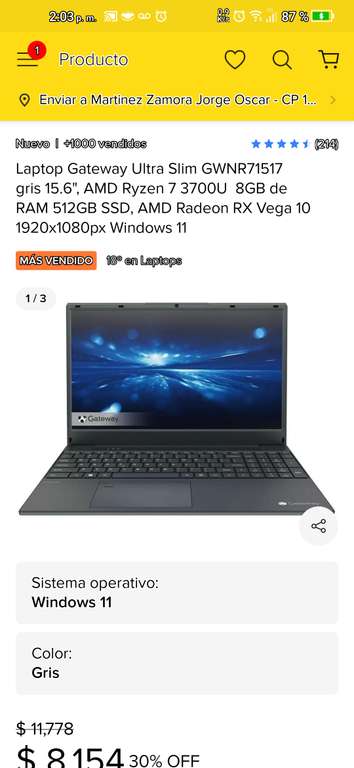 Mercado Libre: Laptop Gateway 15.6 Ryzen 7 3k 8Gb Ram SSD