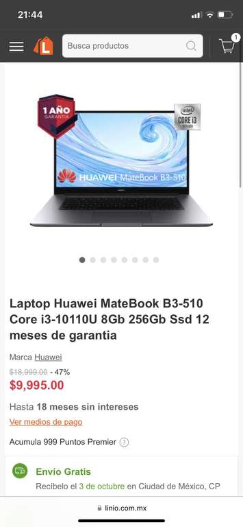 Linio: MateBook D15 Core i3-10110U 8Gb 256Gb Ssd 12 meses de garantia