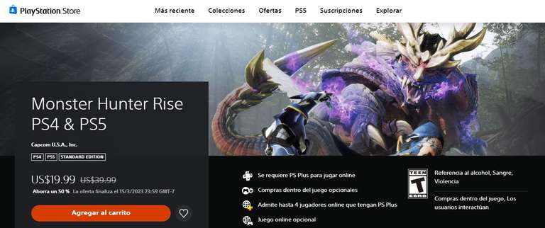 PlayStation Store: Monster Hunter Rise PS4 & PS5 $359 (mas impuestos)