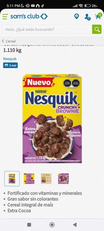 Sam's club: Cereal Nesquik Brownie Sabor Chocolate 1.110 kg