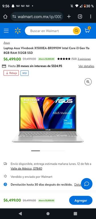 Walmart: Laptop Asus VivoBook x1500ea-Br3993w icore i3 11a gen 8gb ram 512gb sdd