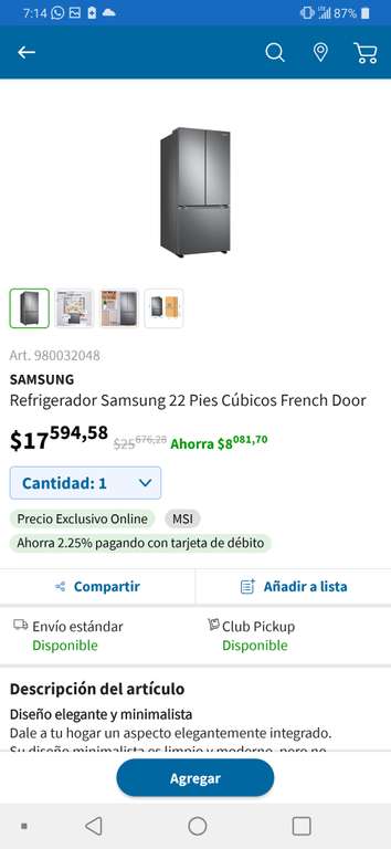 Sam's Club: Refrigerador Samsung 22 pies french door (MSI casi todas las tarjetas)