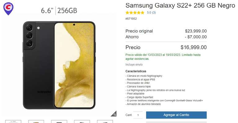 Samsung Galaxy S22+ 256 GB Negro en Costco
