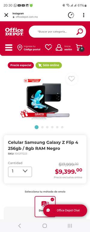 Office Depot: Celular Samsung Galaxy Z Flip 4 256gb / 8gb RAM Negro