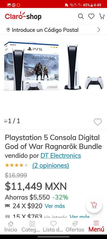 Claro Shop: Playstation 5 God of War $10,349 pagando con Banorte 12MSI