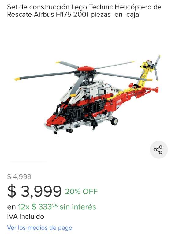 Mercado Libre: Set de construcción Lego Technic Helicóptero de Rescate Airbus H175 2001 piezas en caja