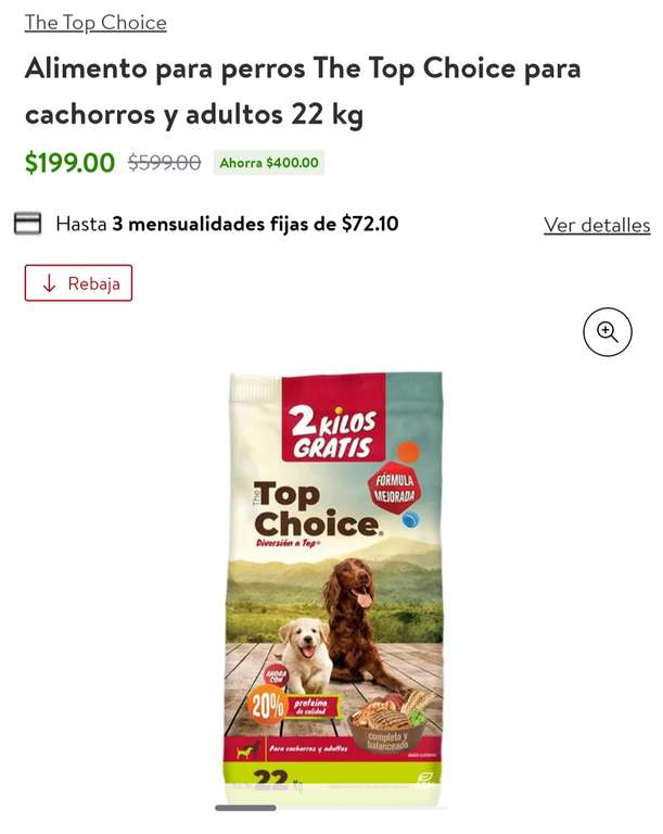 Walmart: Alimento para perros The Top Choice para cachorros y adultos 22 kg