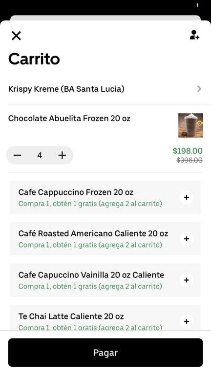 Uber Eats: 4 Frapes Chocolate abuelita por 78 pesos en Krispy Kreme