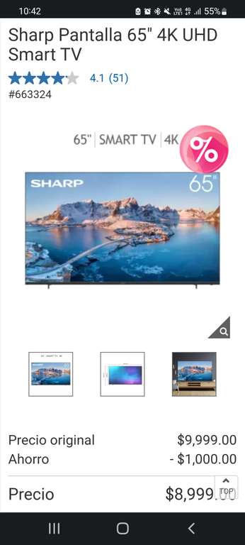 Costco: Sharp Pantalla 65" 4K UHD Smart TV + cupon paypal