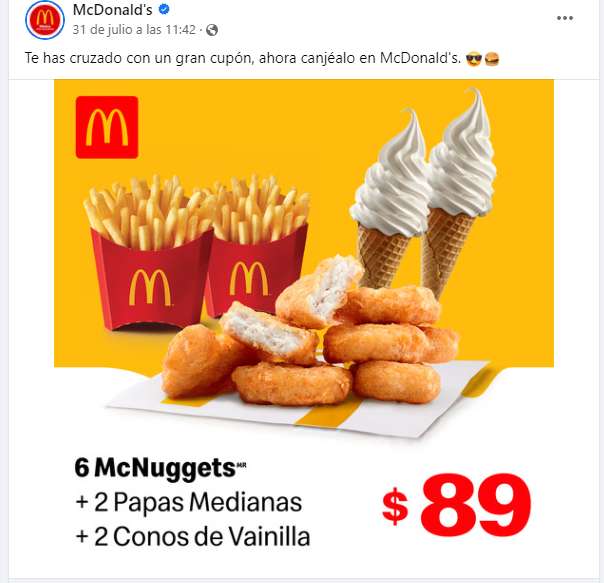 McDonald's: 6 McNuggets + 2 Papas Medianas + 2 Conos de Vainilla