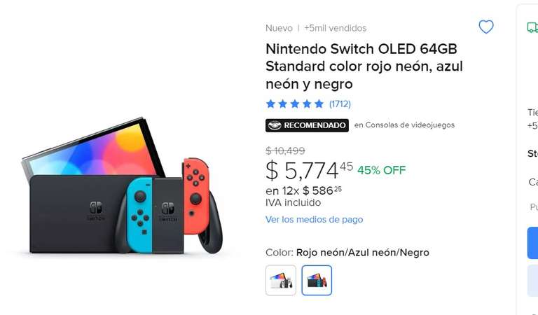 Mercado Libre: Nintendo Switch Oled rojo y azul