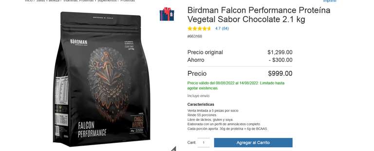 Costco Birdman Falcon Performance Proteína Vegetal Sabor Chocolate 2.1 kg