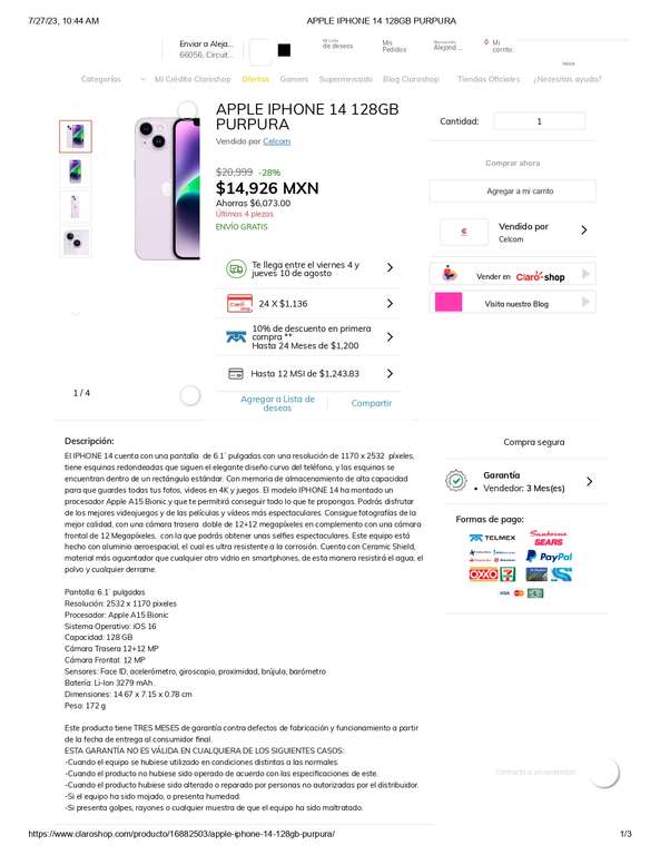 Claro Shop: Celular iPhone 14 128GB Blanco