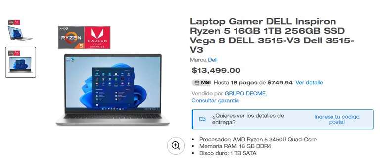 Walmart: Laptop DELL Inspiron Ryzen 5 16GB 1TB 256GB SSD