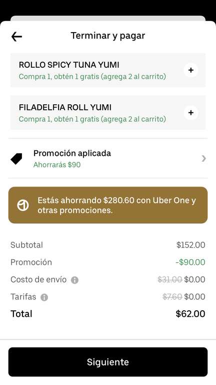Dos órdenes de Sushi en 62 pesos en Yumi Yumi | Uber eats siendo member one (Leer descripción)