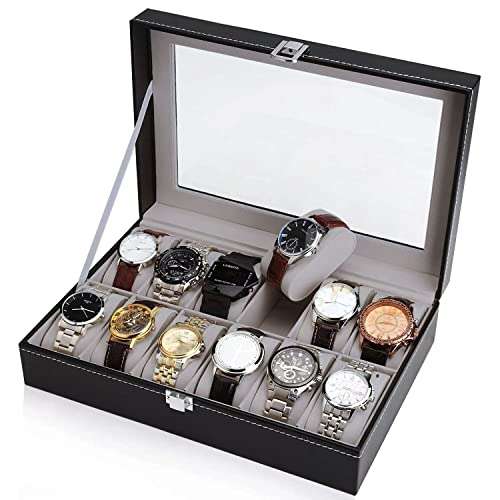 Amazon: Caja Organizador, Relojes Caja de Reloj con 12 Compartimentos, Caja de Reloj de Cuero PU con 12 Ranuras,