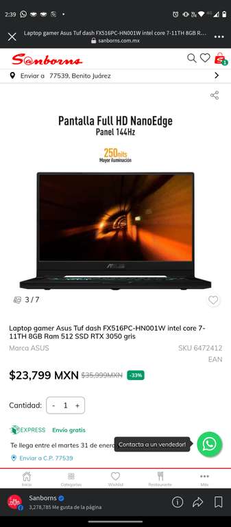 Sanborns: Laptop gamer Asus tuf Intel core i7 8 GB ram 512 se y tarjeta Rtx 3050