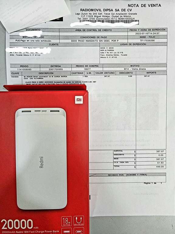 Telcel: Power bank Xiaomi 20000 mAh carga de 18w, carga rapida