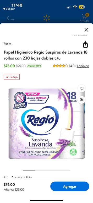 Walmart: Papel Higiénico Regio Suspiros de Lavanda 18 rollos con 230 hojas dobles c/u