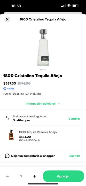 Tequila 1800 Cristalino Rapid y Chedraui