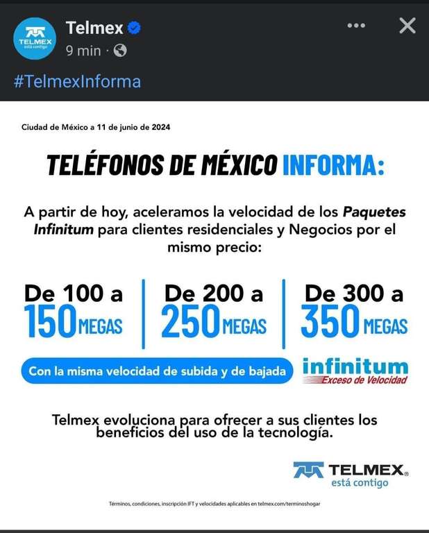 Telmex: Incremento gratuito de 50MB en tres paquetes