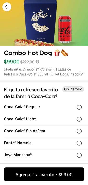 Uber Eats: Combo Cinepolis Hotdog, palomitas y refresco
