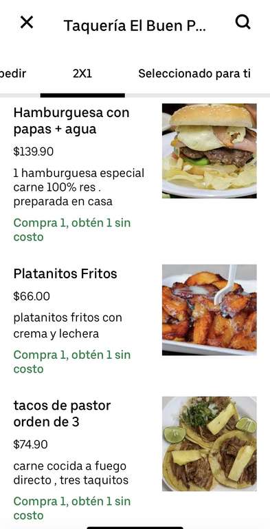 Uber eats: Taqueria El buen pastor 2x1 en diferentes productos