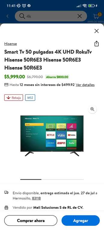 Walmart: Pantalla Hisense Smart Tv 50 pulgadas 4K UHD RokuTv | Pagando con cashi