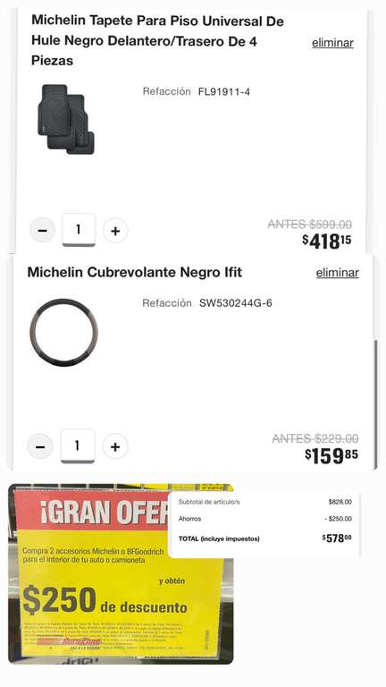 AutoZone: $250 de descuento al agregar 2 productos para interiores Michelin o BFGoodrich (productos seleccionados)