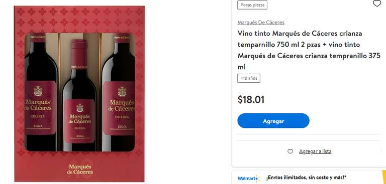 Walmart en linea - Vino tinto Marqués de Cáceres crianza temparnillo 750 ml 2 pzs + vino tinto Marqués de Cáceres crianza tempranillo 375 ml