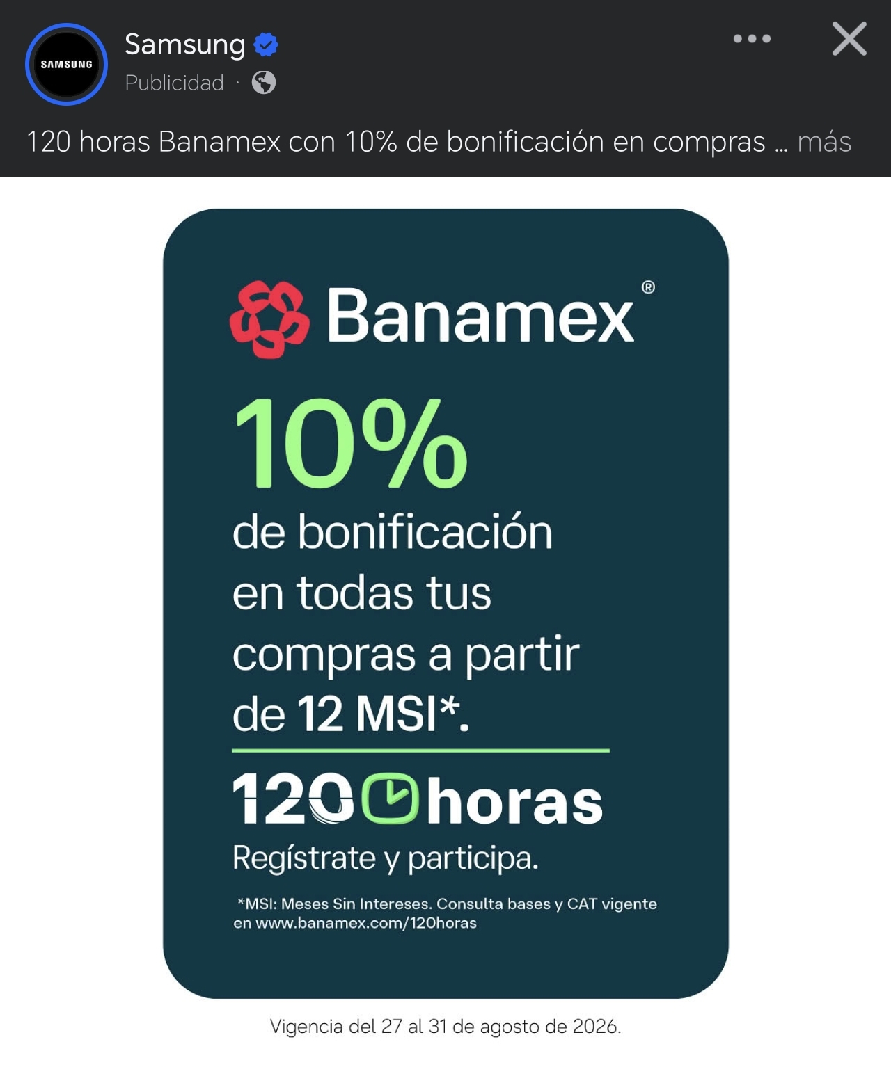 Samsung Store: 120 horas banamex, bonificacion del 10% en compras a 12 MSI