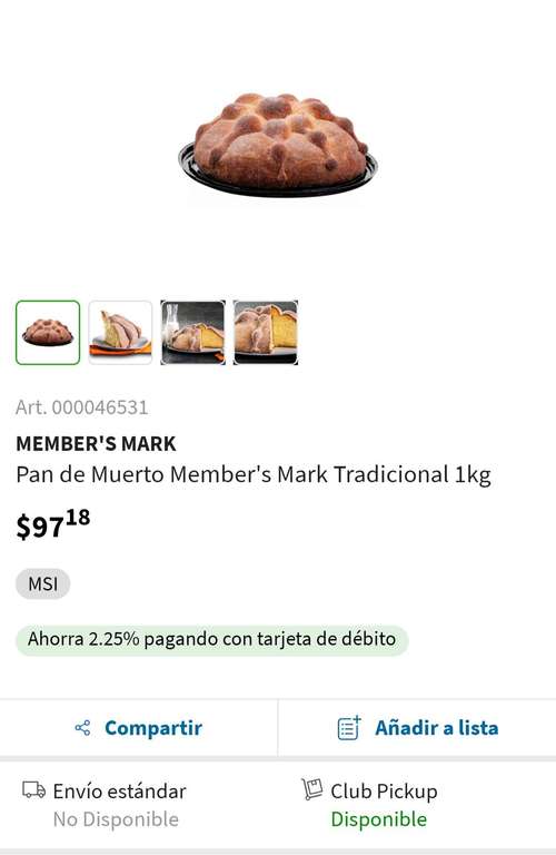 Sam's Club: Pan de Morido dijunto Member's Mark Tradicional 1kg