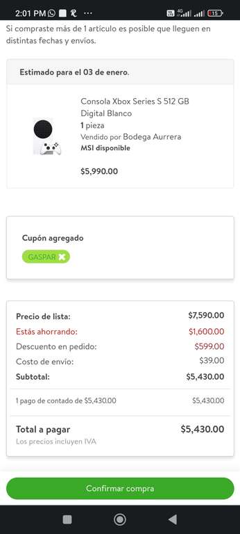 Bodega Aurrera: consola Xbox Series S $5,430.00 a 18 MSi