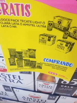 HEB: 1 Doce Pack de Tecate o Amstel Ultra gratis en la compra de $200 pesos de botana Sabritas