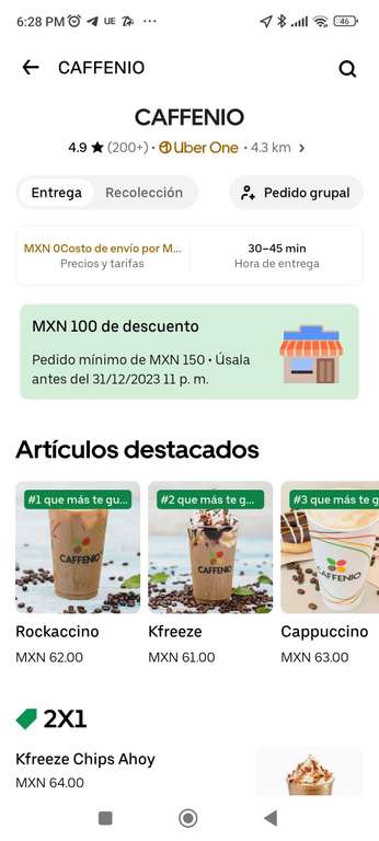 Uber Eats: Café Gratis caffenio, UBER ONE | Descuento de 100 pesos en compra de 150, combinada con el 2x1