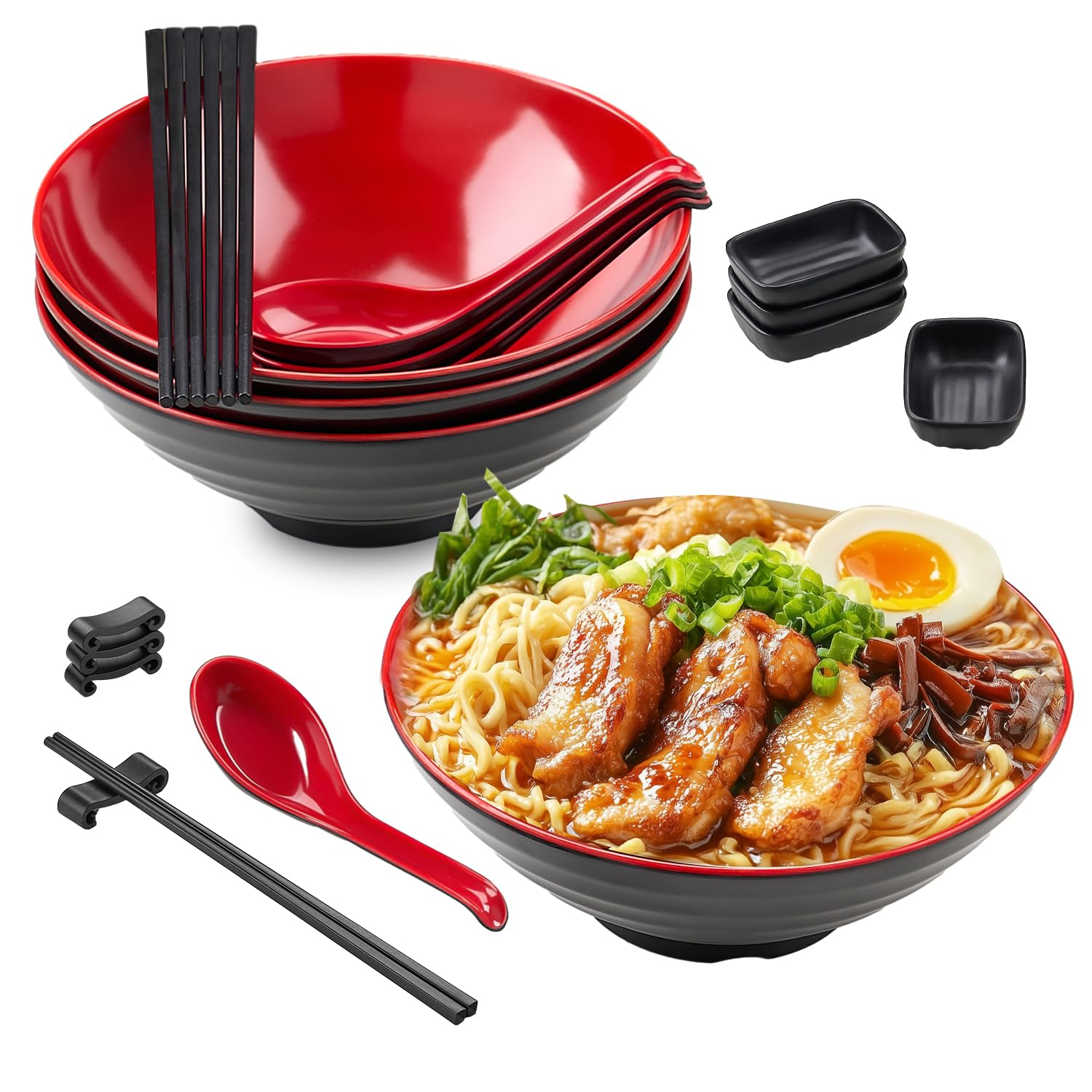 Amazon: Tazón Para Ramen(sirve 4), Juego Ramen Bowl De 20 Piezas, Vajilla Melamina , Incluye 1.2L Platos Hondos,