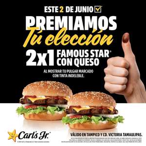 Carl's Jr: 2x1 en Famous Star con queso al presentar tu pulgar con tinta indeleble (SOLO TAMPICO Y CD VICTORIA)