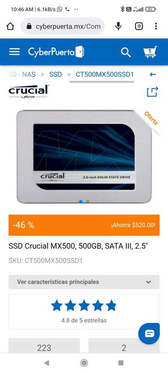 Cyberpuerca: SSD Crucial MX500, 500GB, SATA III, 2.5"
