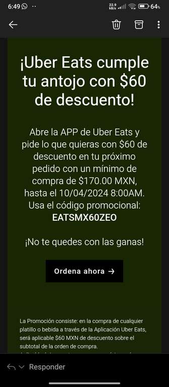 Uber Eats: $60 OFF En pedidos de $170 o más