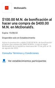 American Express, Bonificación en McDonald's $100 en la compra mínima de $400 aplican términos y condiciones
