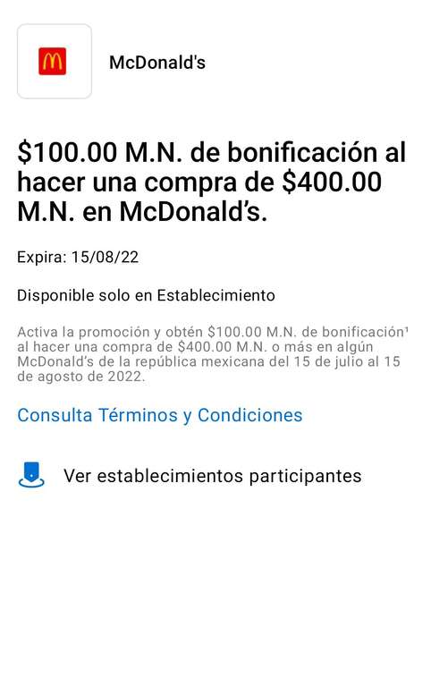 American Express, Bonificación en McDonald's $100 en la compra mínima de $400 aplican términos y condiciones