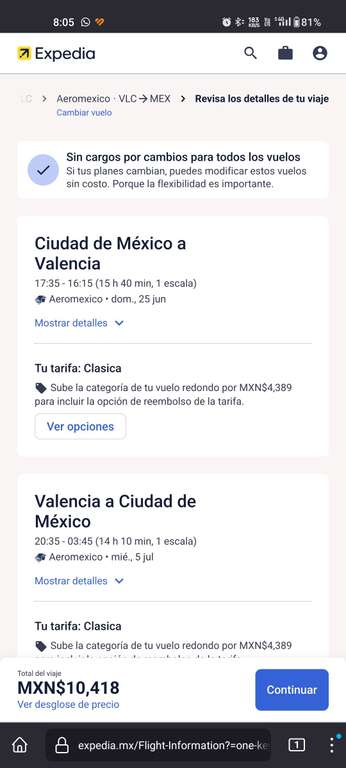 Expedia; Vuelo México Valencia (España) por aero México el 25 de junio al 5 de julio