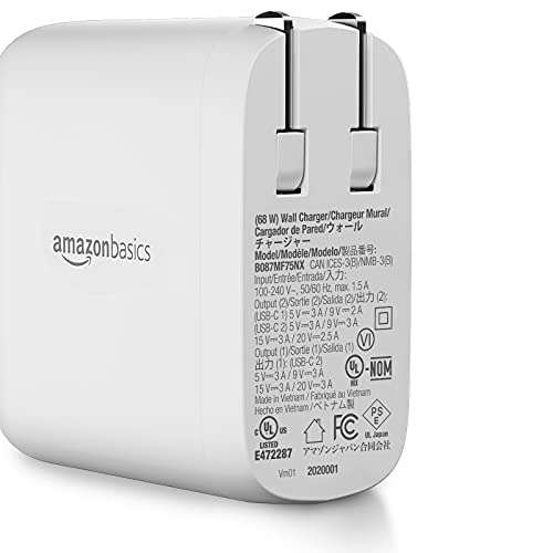 Amazon: Amazon Basics - Cargador de pared GaN USB-C de dos puertos de 68 W (50 W + 18 W)