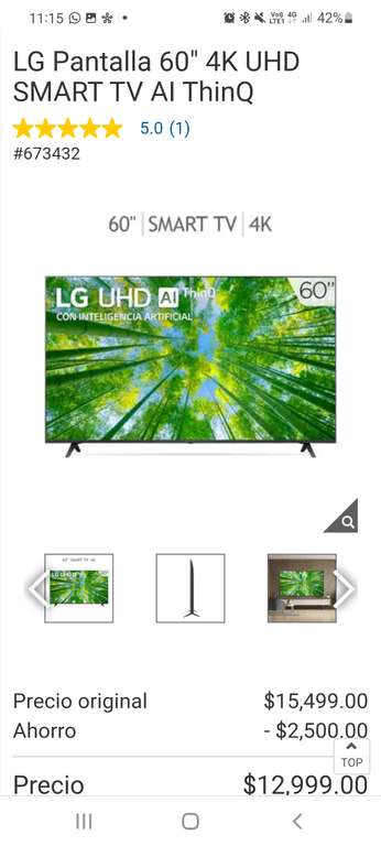 Costco: LG Pantalla 60" 4K UHD SMART TV AI ThinQ con TDC Citi-costco