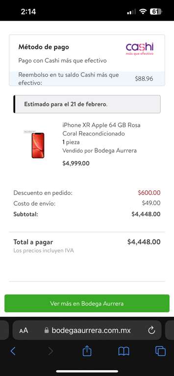 iPhone XR 64 Reacondicionado en Bodega Aurrera (+ 2% cashback pagando Cashi)