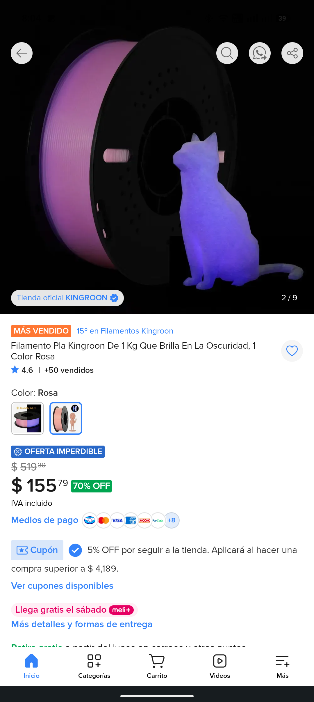 Mercado Libre: Filamento PLA rosa que brilla en la oscuridad 1KG
