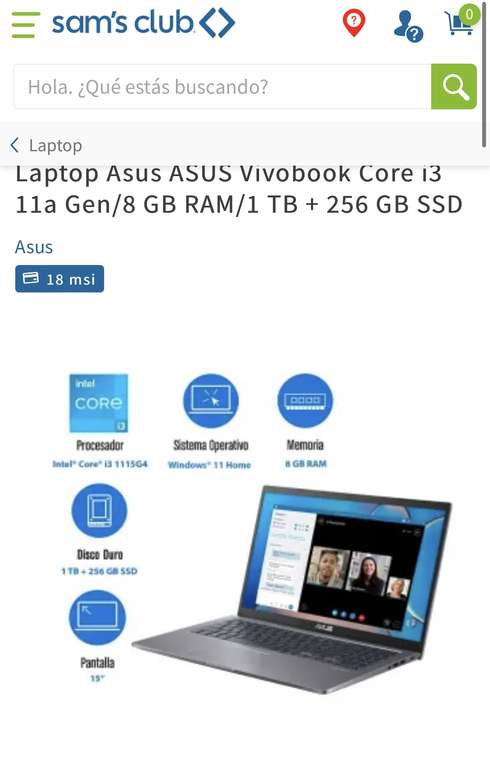 Sam's Club: Laptop Asus ASUS Vivobook Core i3 11a Gen/8 GB RAM/1 TB + 256 GB SSD